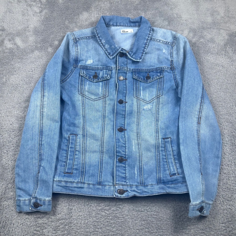 Epic‎ Threads Denim Jacket Kids Size L Light Blue Distressed Button Front SP19